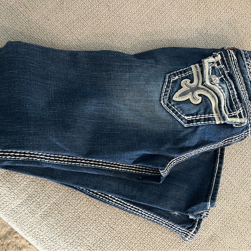 Rock Revival Dark Blue Flare Jeans with Embroidered Pocket